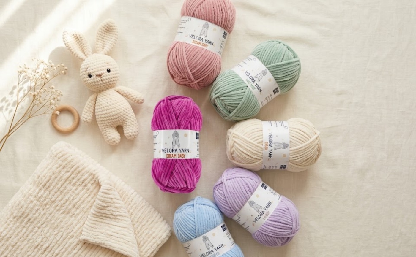 Amigurumi bunny and knitted blanket made with Velora yarn