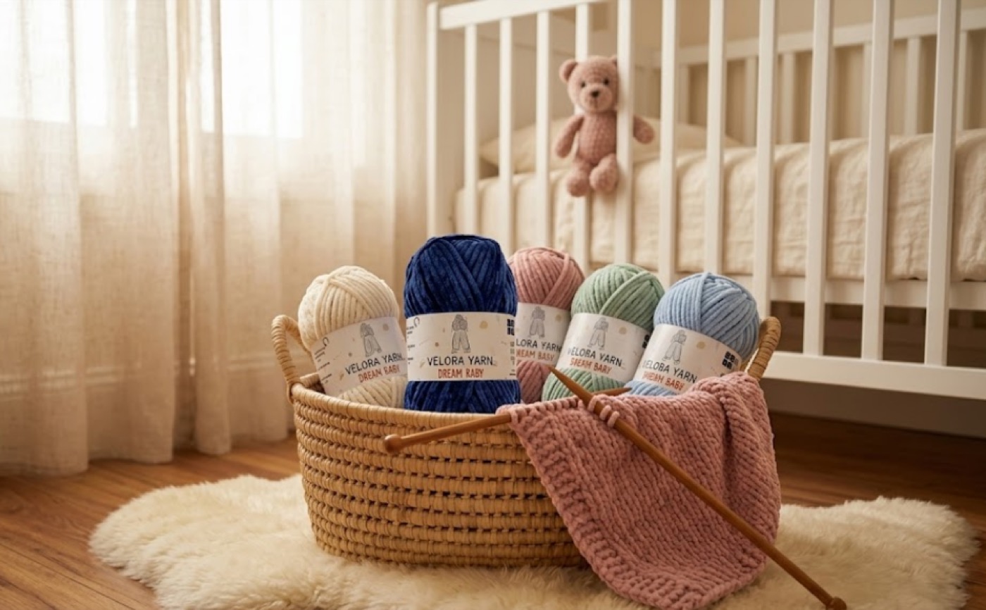Basket of Velora yarn in a nursery